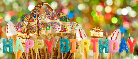 Image of congratulatory candles on delicious ice cream backgroundの写真素材