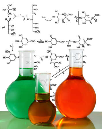 flasks against chemical formulas background