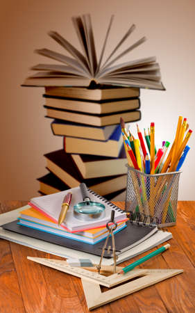 picture of notebooks, books and stationery close-upの写真素材