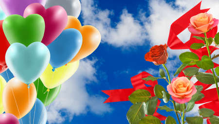 Beautiful bouquet of different flowers on a sky backgroundの写真素材