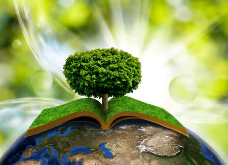 stylized image of book and  tree on the planet