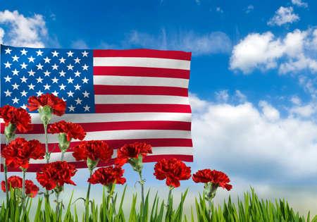 image of american flag and flowers close-upの写真素材
