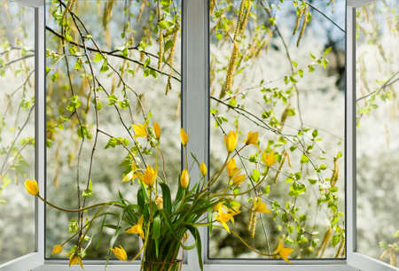 flowers in vase on open window background