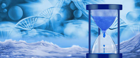 stylized image of hourglass, water against a chain of DNA