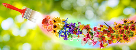 image of brush and flowers on green backgroundの写真素材