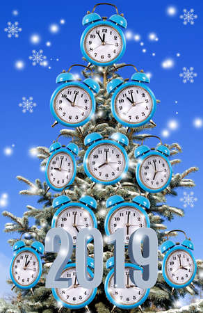 Image of alarm clocks on a Christmas tree on a blue background, New Year greeting card.