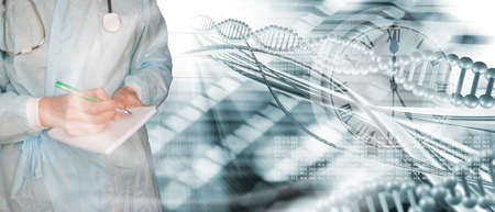 A doctor with a stethoscope writes something against the background of an abstract image of DNA
