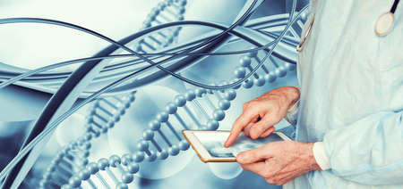 A doctor with a stethoscope and tablet against the background of an abstract image of DNA