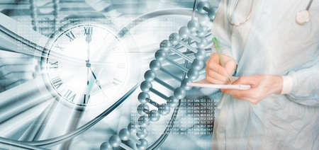 A doctor with a stethoscope writes something against the background of an abstract image of DNA
