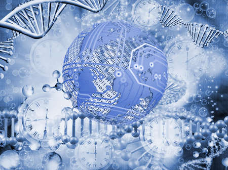 Abstract 3d image of dna chain on blurred background closup.Stylized image of the globe