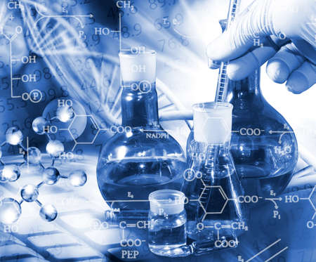 abstract 3d image of DNA chain and chemical flasks on a blurred background close-up