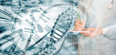 Abstract image of a DNA chain and letters of the alphabet flying in space on a blurry background close-up. A doctor with a stethoscope writes something.の写真素材