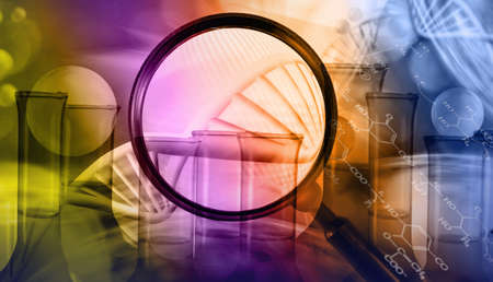 Abstract image of dna chain on blurred background closup.Magnifier as a symbol of research