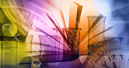 abstract  3d image of dna chain on blurred background closup.Flasks, open book, watch as a symbol of...