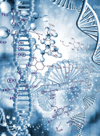Abstract 3d image of a DNA chain on a blurred background with chemical formulas.の写真素材