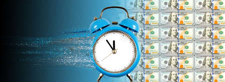 An alarm clock with particles flying out of it, as a symbol of the rapid passage of time. Dollars...
