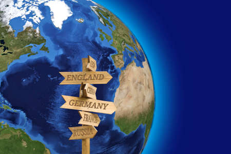 Image of a arrow direction that shows the direction to different countries on the background of the earth.の写真素材