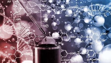 Abstract 3d image of DNA chain, laboratory equipment on a blurred background with chemical formulas.の写真素材
