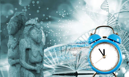 image of dna chain on biotechnological background and a clock with particles decaying on one side.3...