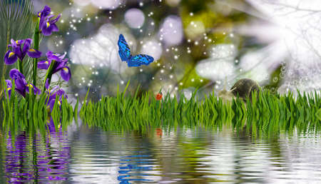 Image of beautiful flowers near the water closeupの写真素材