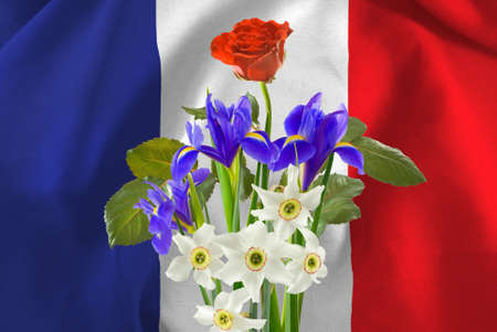 image of festive flowers on the background of the flag of Franceの写真素材