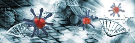 Abstract image of coronaviruses on the background of a stylized image of the DNA chain. 3d...