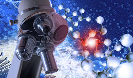 Microscope  on the background of a stylized image of a DNA chain. 3d illustration