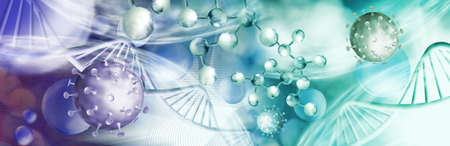 Abstract image of coronaviruses on the background of a stylized image of the DNA chain. 3d...