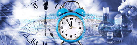 Abstract image of an alarm clock from which particles come off forming a stream