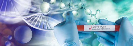 Image of test tube with coronavirus test in gloved hands.Test - negative