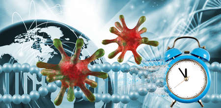 Abstract image of coronaviruses on the background of a stylized image of the DNA chain. 3d...