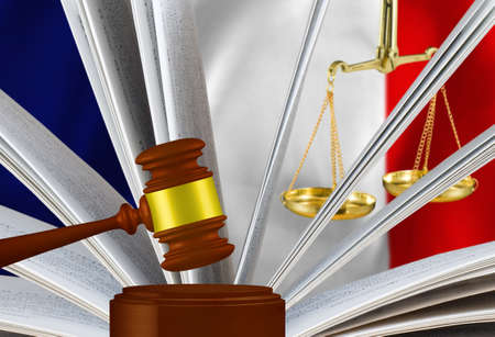 The image of the judge's gavel, the book of laws and scales against the background of the flag of...