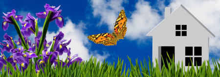 3d-image of a stylized house on the background of a natural landscapeの写真素材