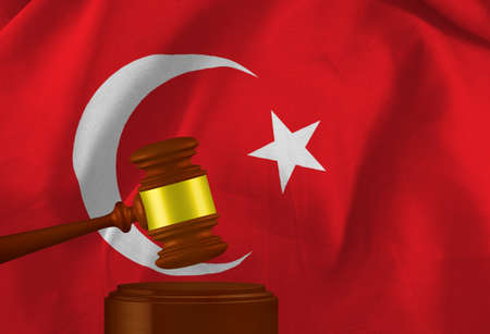 The image of the judge's gavel against the background of the flag of  the Republic of Turkey. 3d-imageの写真素材