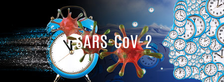 3d- image of stylized sars-cov-2 viruses with an inscription and a profile of a person, consisting...