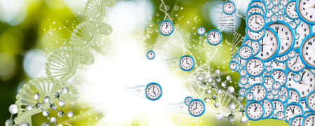 a profile of a person consisting of many watch dials as a symbol of the passage of time against the...