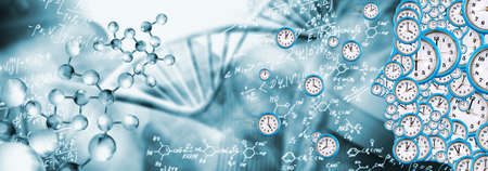 a profile of a person consisting of many watch dials as a symbol of the passage of time against the...