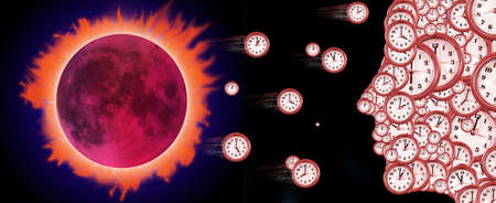 a profile of a person consisting of many watch dials as a symbol of the passage of time. 3d-image