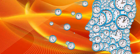 the contour of a human head with dials on an abstract background. Several dials are in front of the...