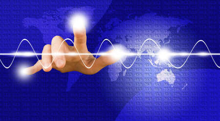 Abstract image of a hand that controls three symbolic buttons on the background of the world map