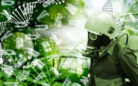 Protection of a person from harmful substances. Man in protective clothing. 3d- image