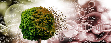 An abstract 3d-image of a tree that resembles a human head. All this on an abstract background with...