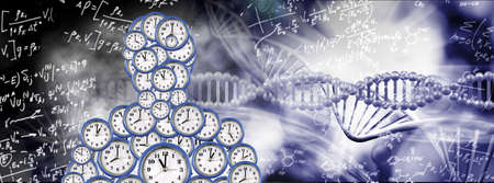 A human figure consisting of clock dials of different sizes against the background of images of DNA...