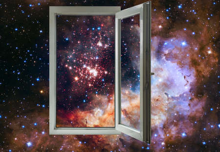 An image of an open window against the backdrop of a beautiful starry sky.