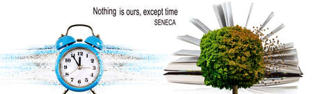 An image of a clock, from which particles, books and a tree in the form of a head are being...