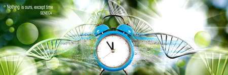 An image of a clock from which particles are separated against the background of flying DNA chains....