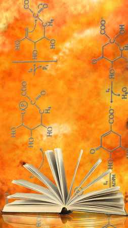 An open book against the backdrop of a raging flame. The background of a raging flame and the chemical formulas superimposed on it.の写真素材