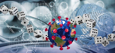3d-image of a stylized covid virus disguised as a globe, with an abstract background of DNA. Dice...