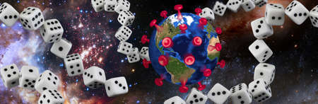 Dice placed in the form of a continuous chain. Starry sky as a background. Stylized coronavirus viruses fly in spaceの写真素材