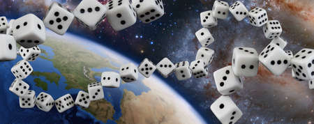 Dice placed in the form of a continuous chain. Fantastic space landscape.の写真素材